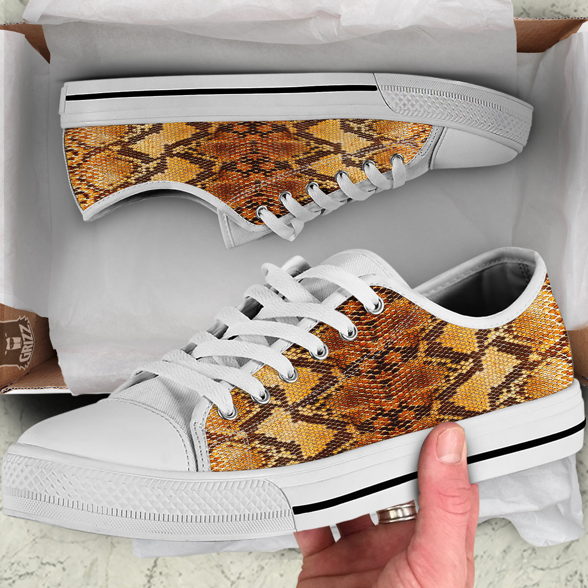 Snakeskin Leathers Print White Low Top Shoes-grizzshop