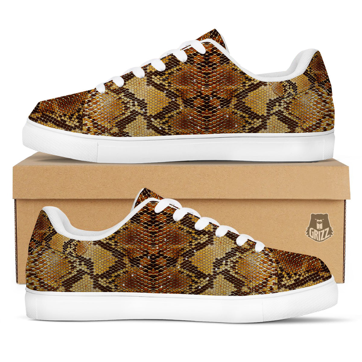 Snakeskin Leathers Print White Low Top Sneakers-grizzshop