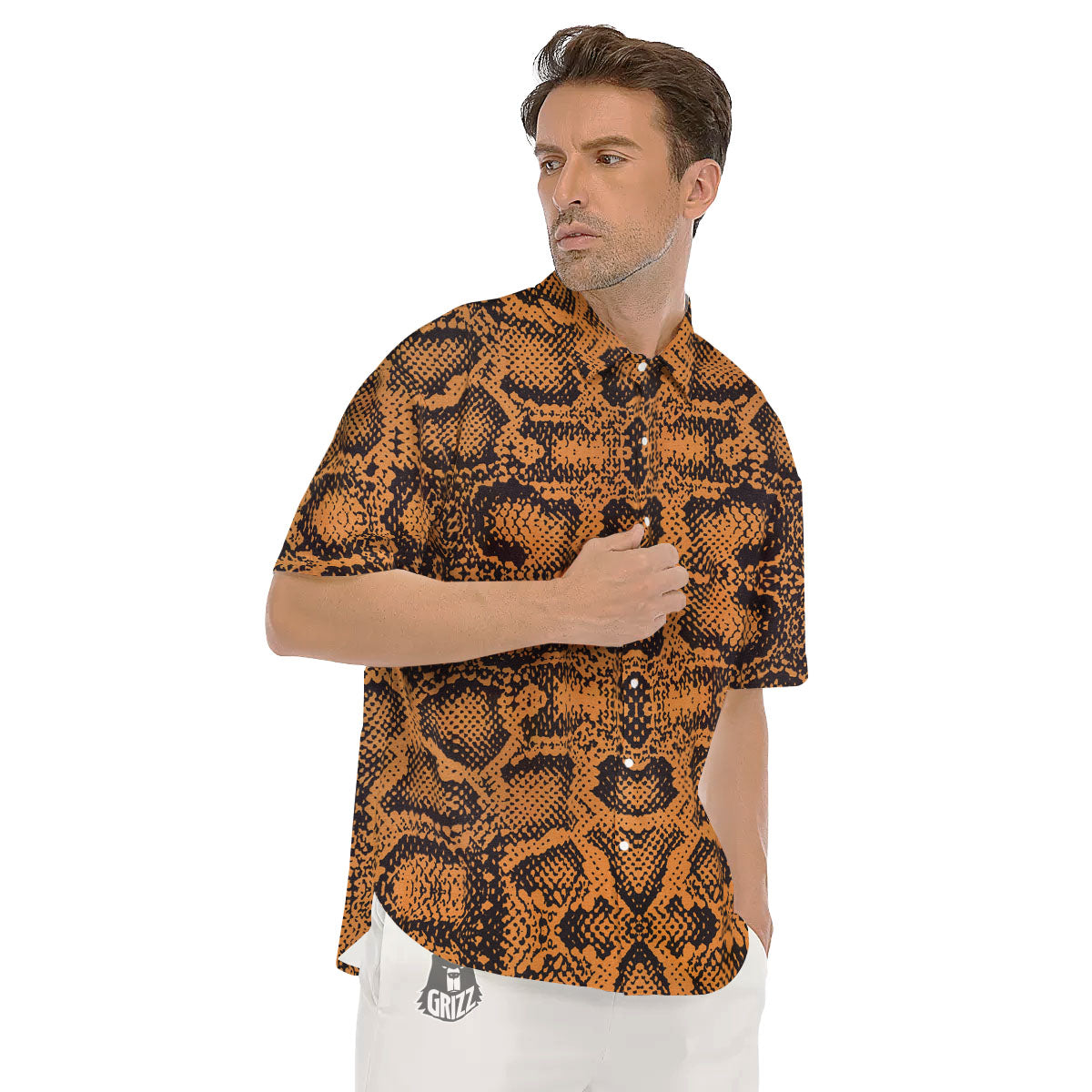 Snakeskin Orange Print Pattern Men's Short Sleeve Shirts-grizzshop