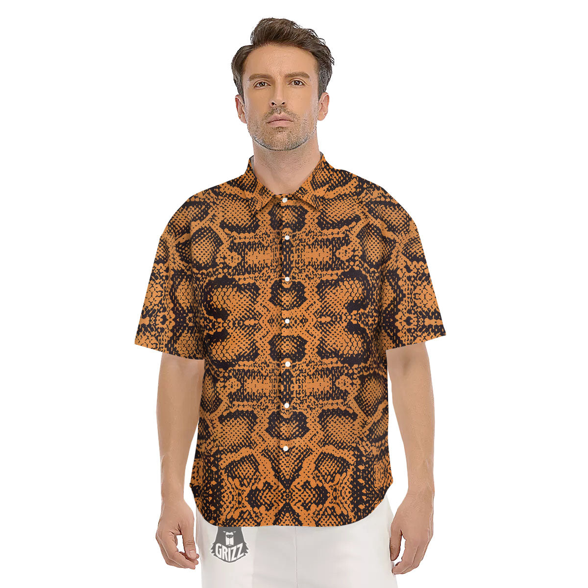 Snakeskin Orange Print Pattern Men's Short Sleeve Shirts-grizzshop