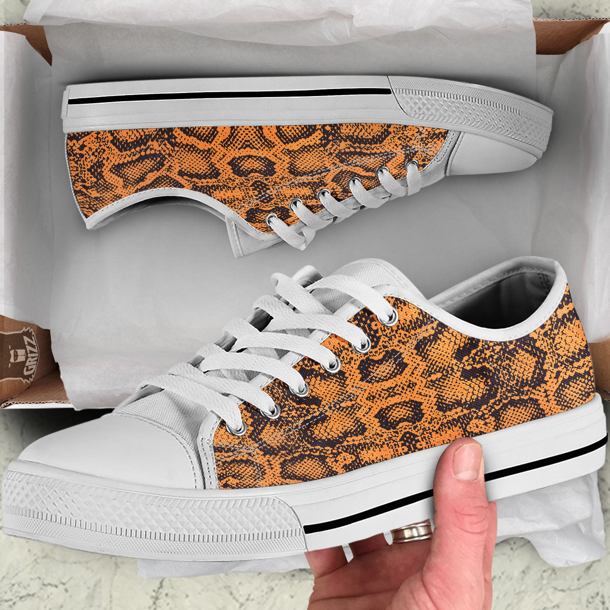 Snakeskin Orange Print Pattern White Low Top Shoes-grizzshop