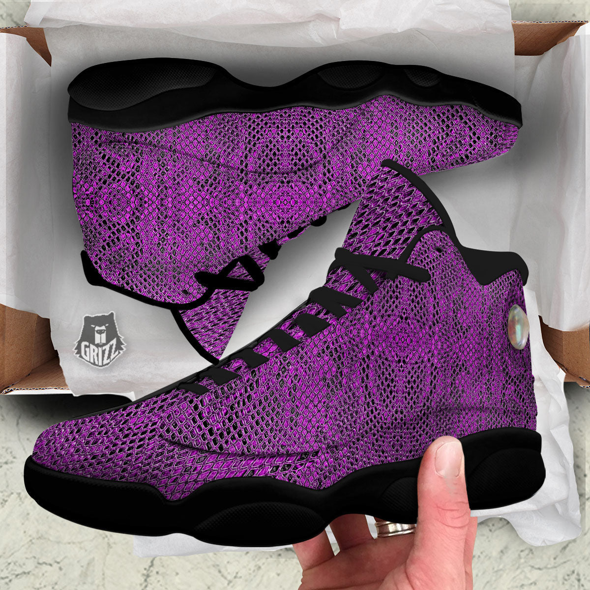 Snakeskin Purple Print Pattern Black Basketball Shoes-grizzshop