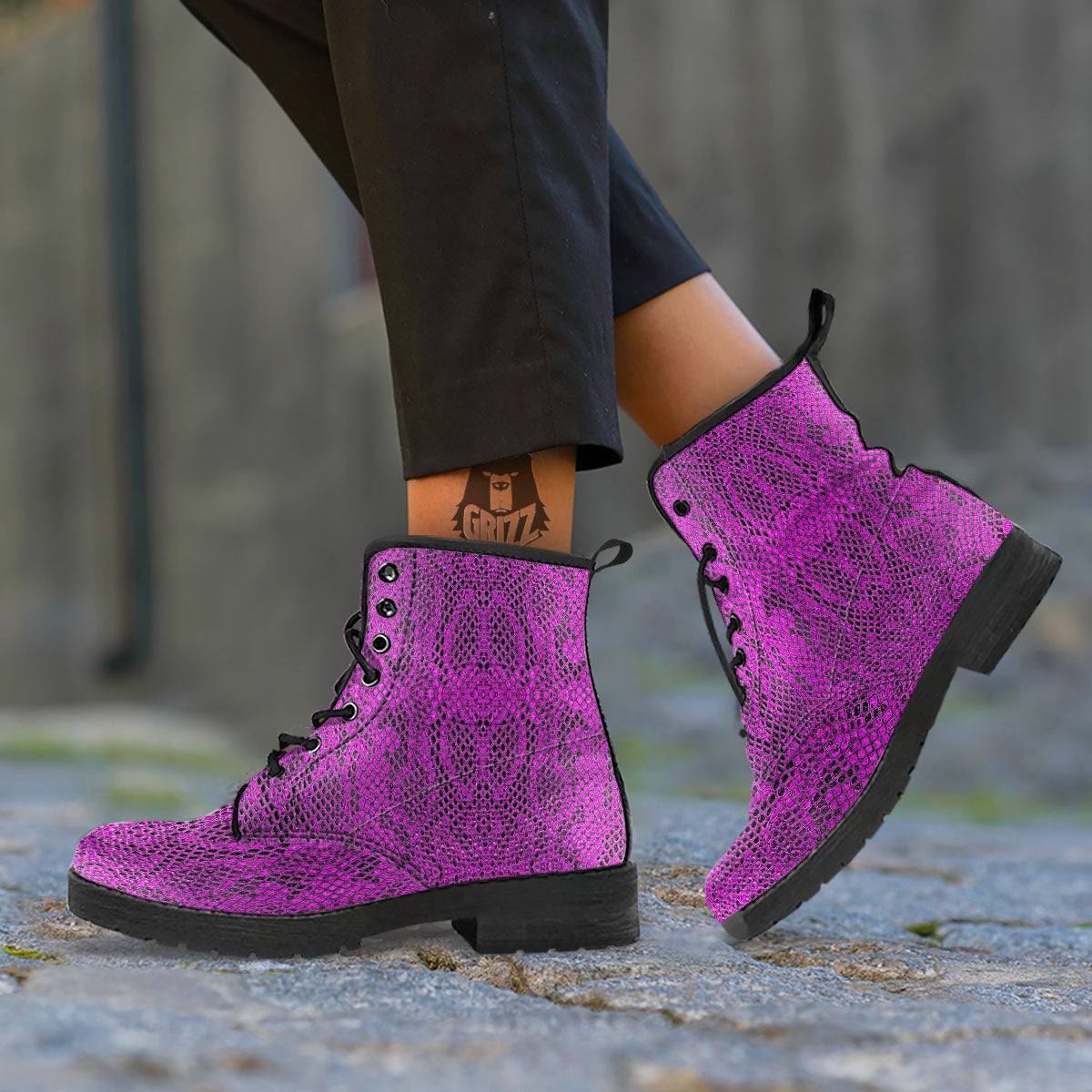 Snakeskin Purple Print Pattern Leather Boots-grizzshop