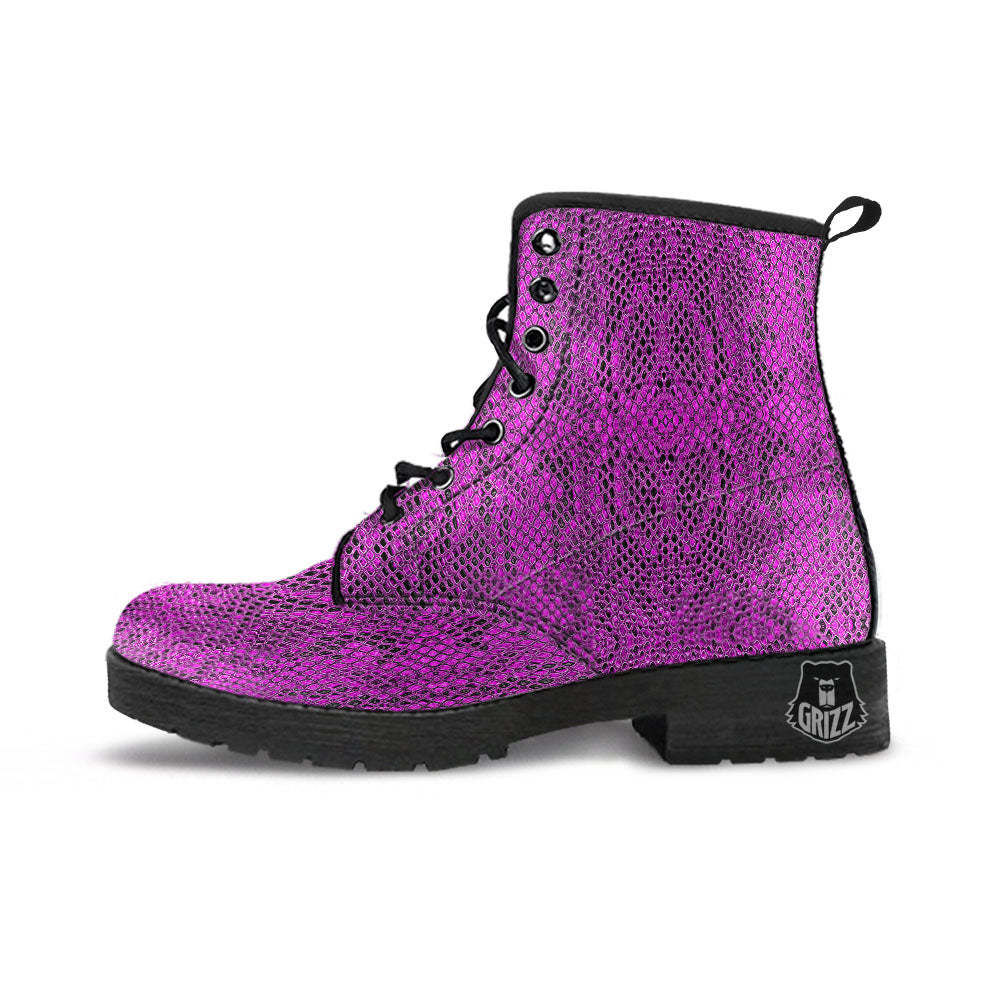 Snakeskin Purple Print Pattern Leather Boots-grizzshop