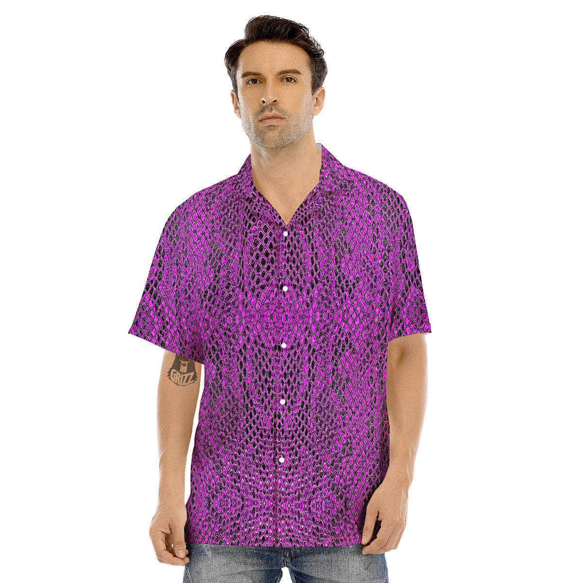 Snakeskin Purple Print Pattern Men's Hawaiian Shirt-grizzshop