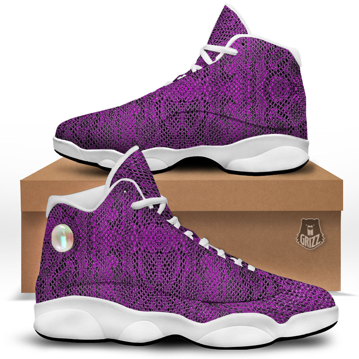 Snakeskin Purple Print Pattern White Basketball Shoes-grizzshop