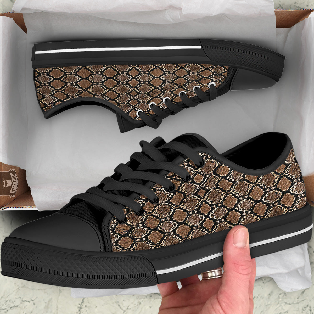 Snakeskin Python Brown Print Black Low Top Shoes-grizzshop