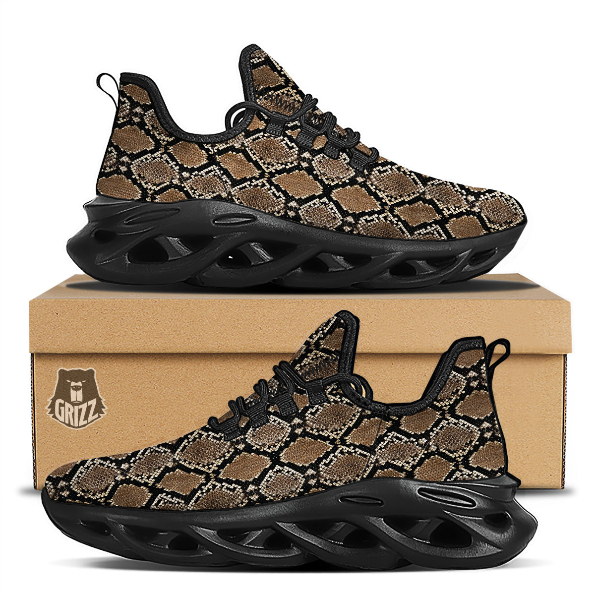 Snakeskin Python Brown Print Black Running Shoes-grizzshop