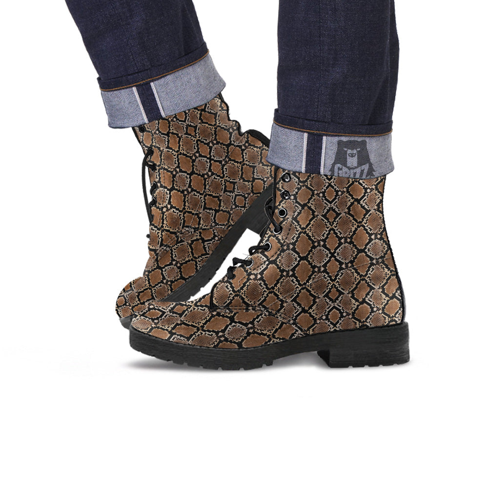 Snakeskin Python Brown Print Leather Boots-grizzshop