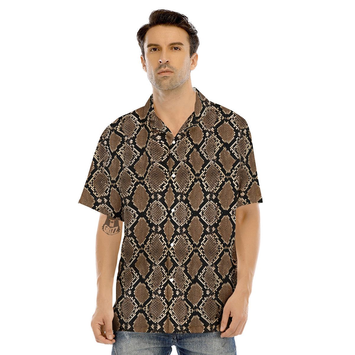 Snakeskin Python Brown Print Men's Hawaiian Shirt-grizzshop