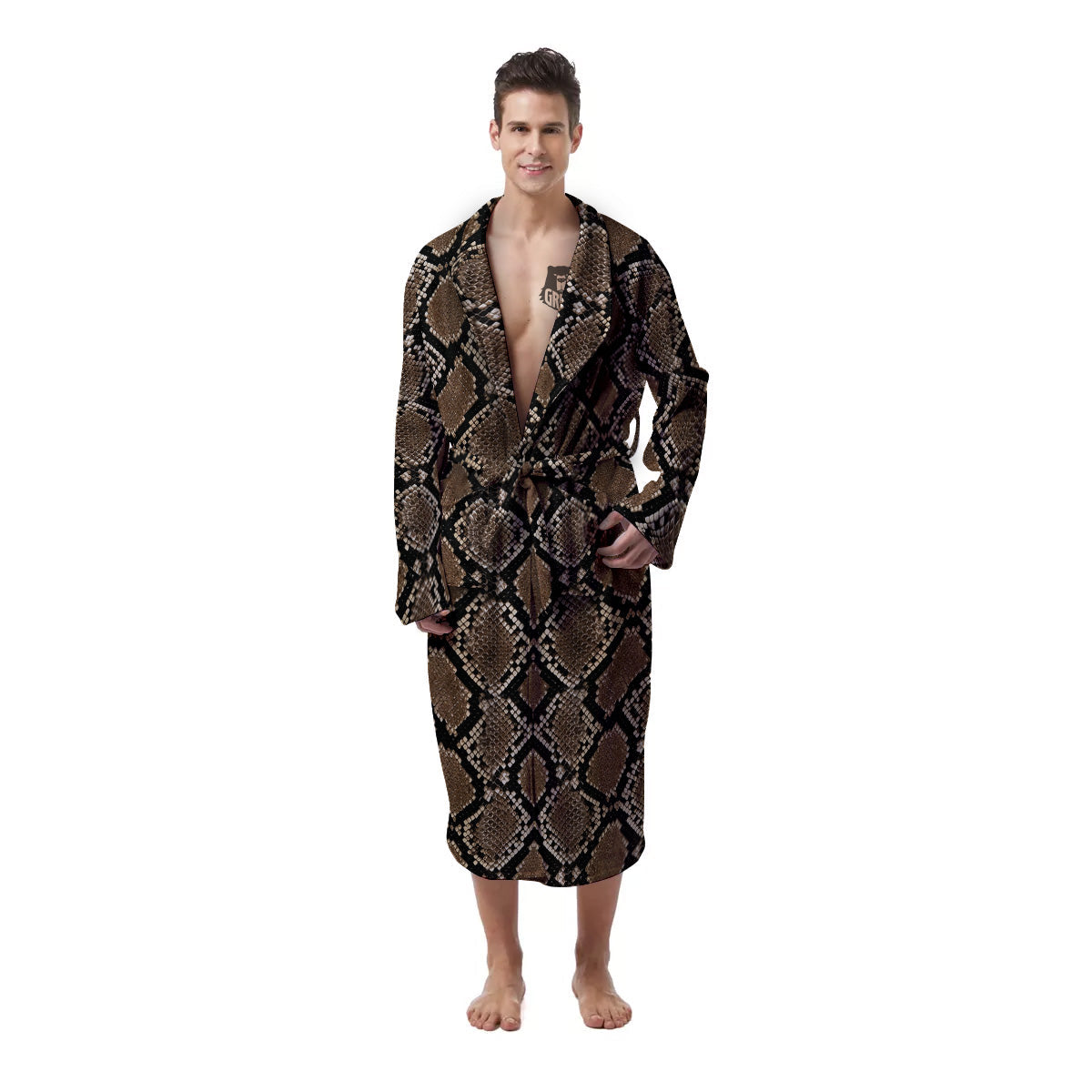 Snakeskin Python Brown Print Men's Robe-grizzshop