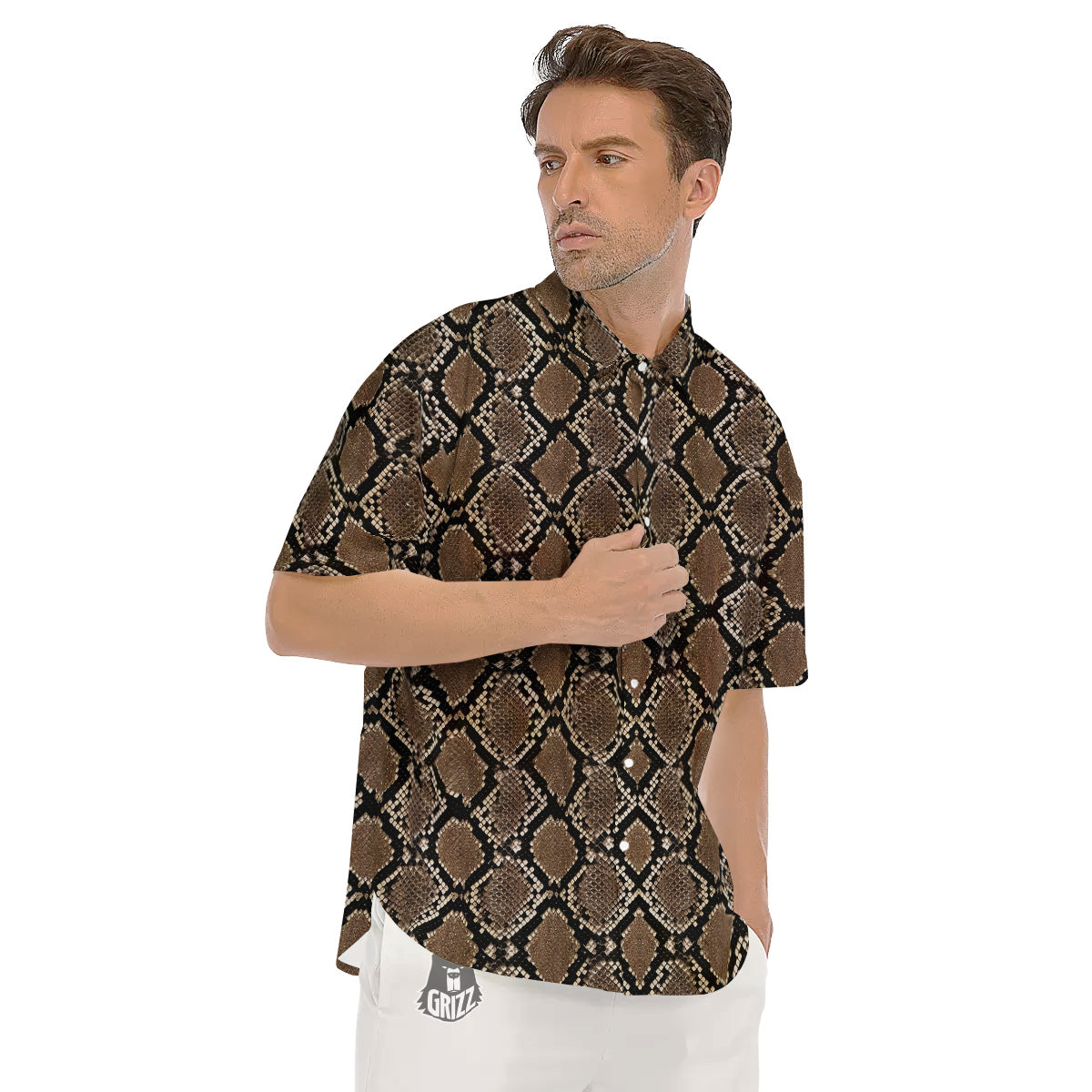 Snakeskin Python Brown Print Men's Short Sleeve Shirts-grizzshop