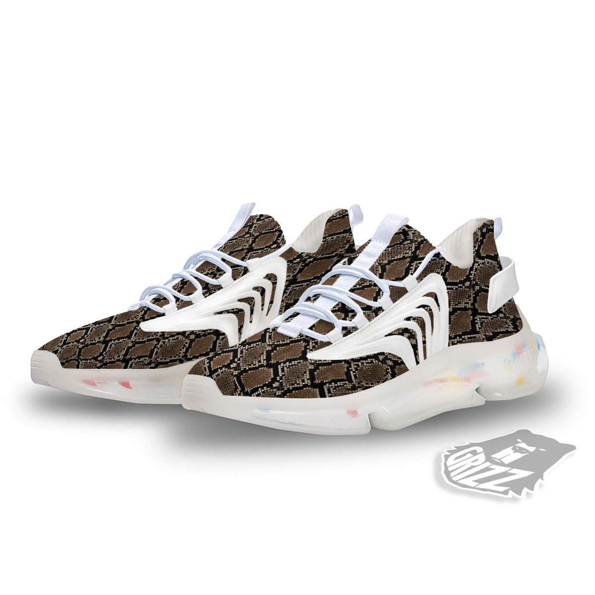 Snakeskin Python Brown Print White Gym Shoes-grizzshop