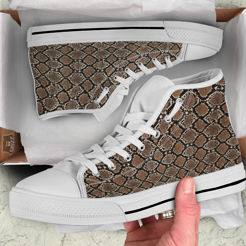 Snakeskin Python Brown Print White High Top Shoes-grizzshop