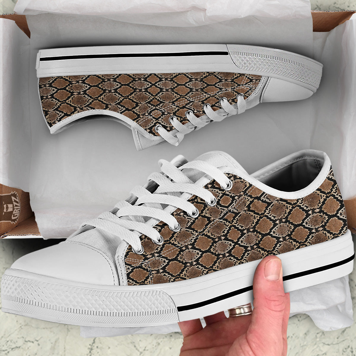 Snakeskin Python Brown Print White Low Top Shoes-grizzshop