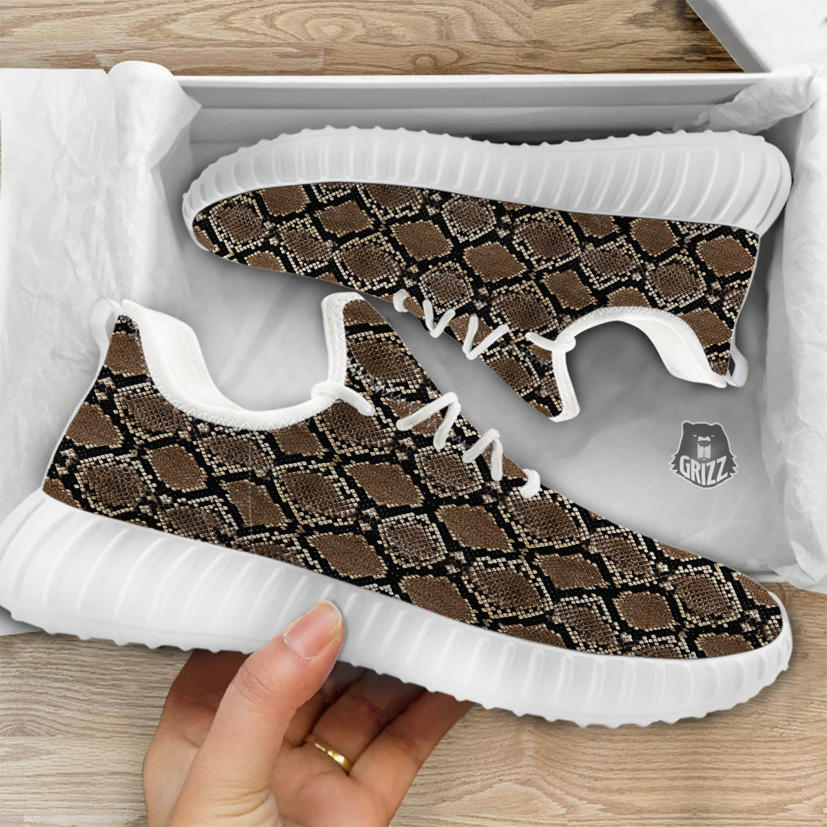 Snakeskin Python Brown Print White Walking Shoes-grizzshop