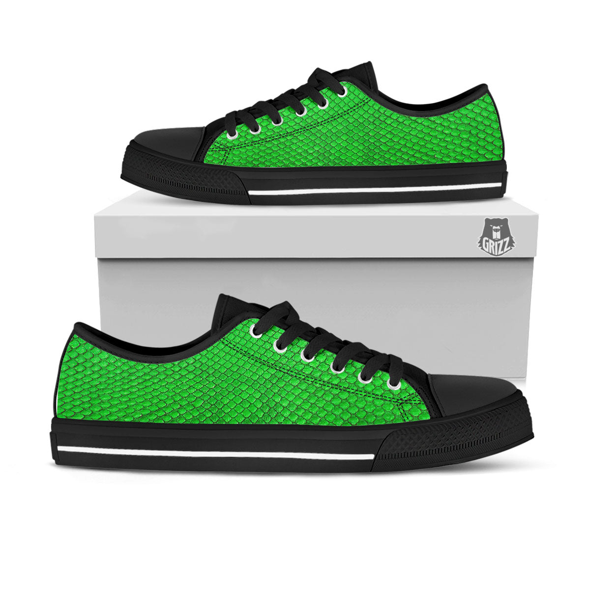 Snakeskin Python Green Print Black Low Top Shoes-grizzshop