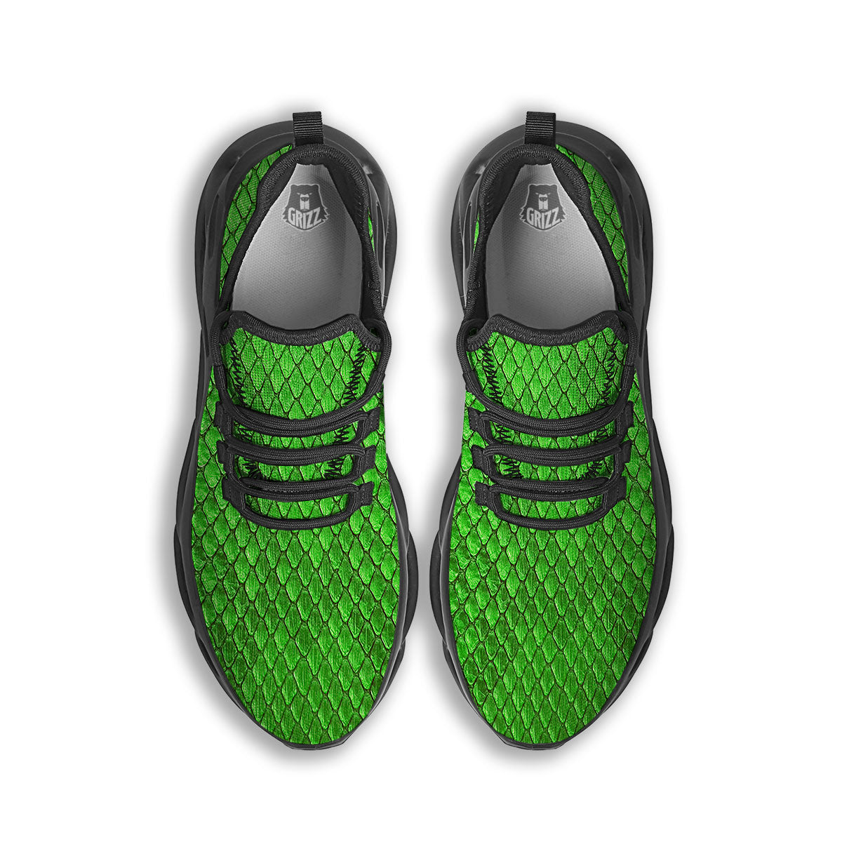 Snakeskin Python Green Print Black Running Shoes-grizzshop