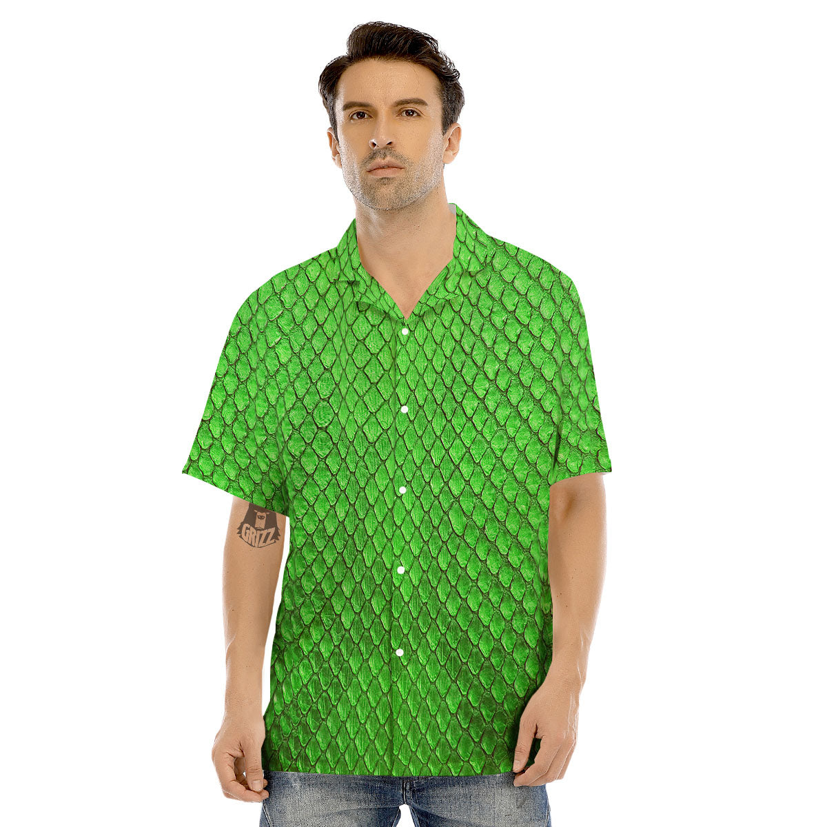 Snakeskin Python Green Print Men's Hawaiian Shirt-grizzshop