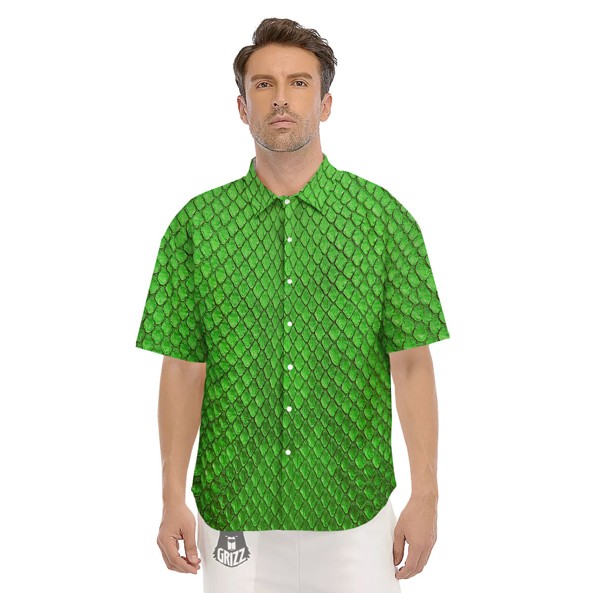 Snakeskin Python Green Print Men's Short Sleeve Shirts-grizzshop