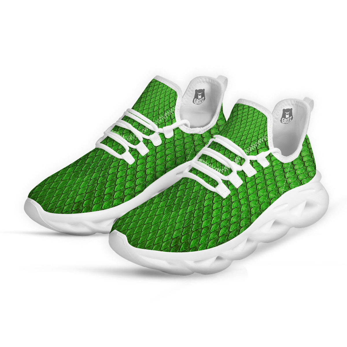 Snakeskin Python Green Print White Running Shoes-grizzshop