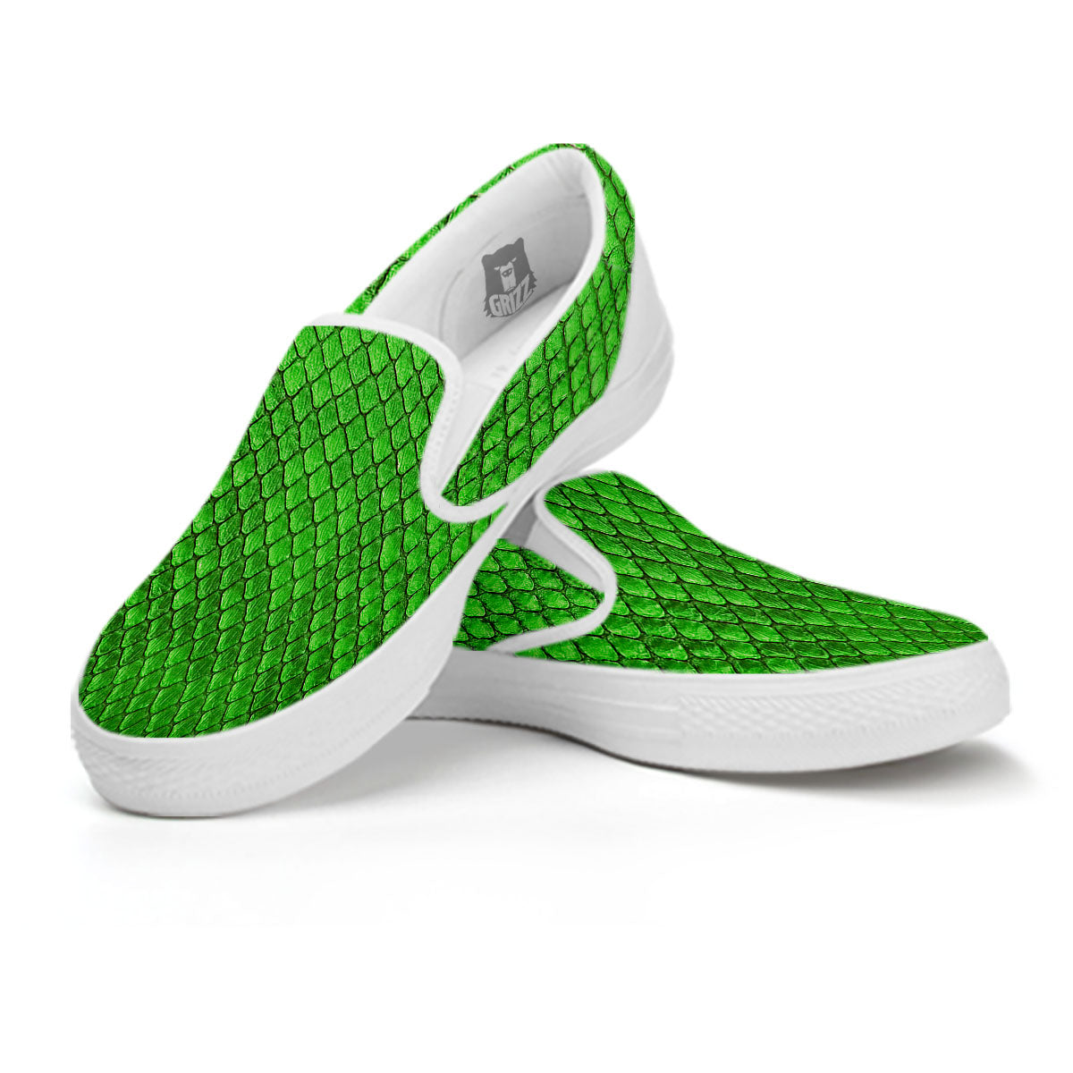 Snakeskin Python Green Print White Slip On Shoes-grizzshop