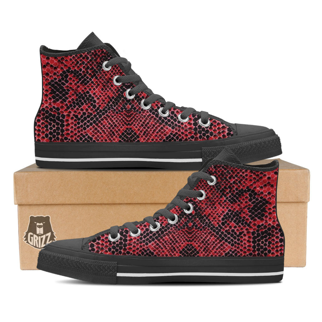 Snakeskin Python Red Print Black High Top Shoes-grizzshop