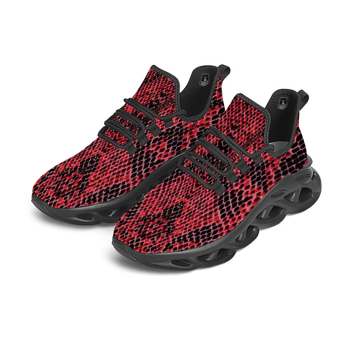 Snakeskin Python Red Print Black Running Shoes-grizzshop
