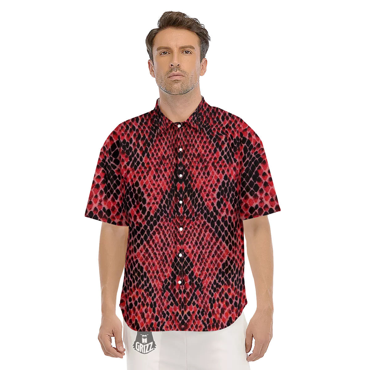 Snakeskin Python Red Print Men's Short Sleeve Shirts-grizzshop