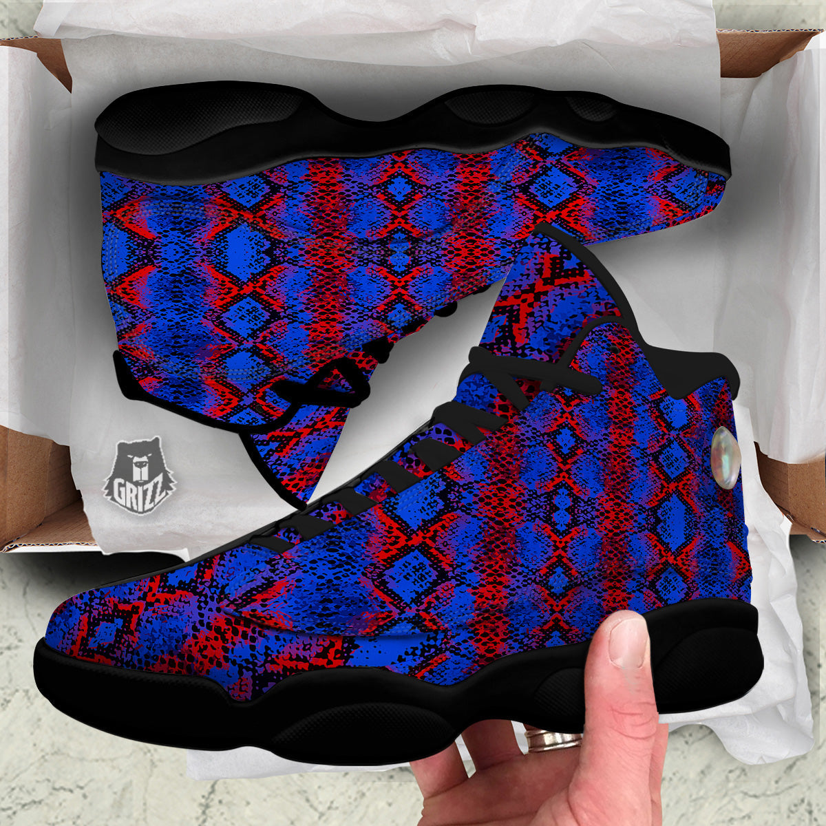 Snakeskin Red And Blue Print Black Basketball Shoes-grizzshop