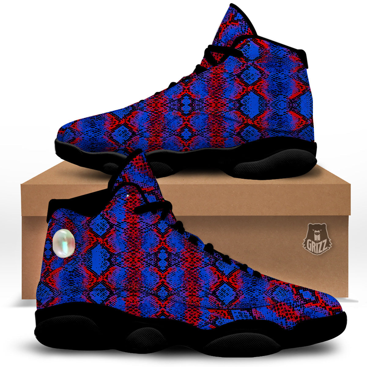 Snakeskin Red And Blue Print Black Basketball Shoes-grizzshop