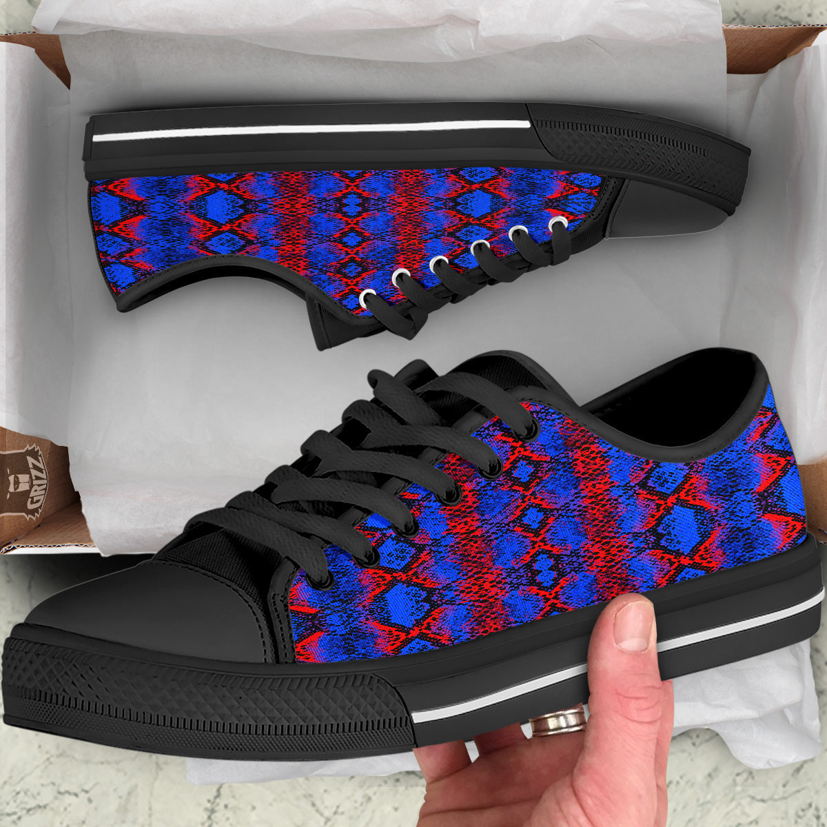 Snakeskin Red And Blue Print Black Low Top Shoes-grizzshop