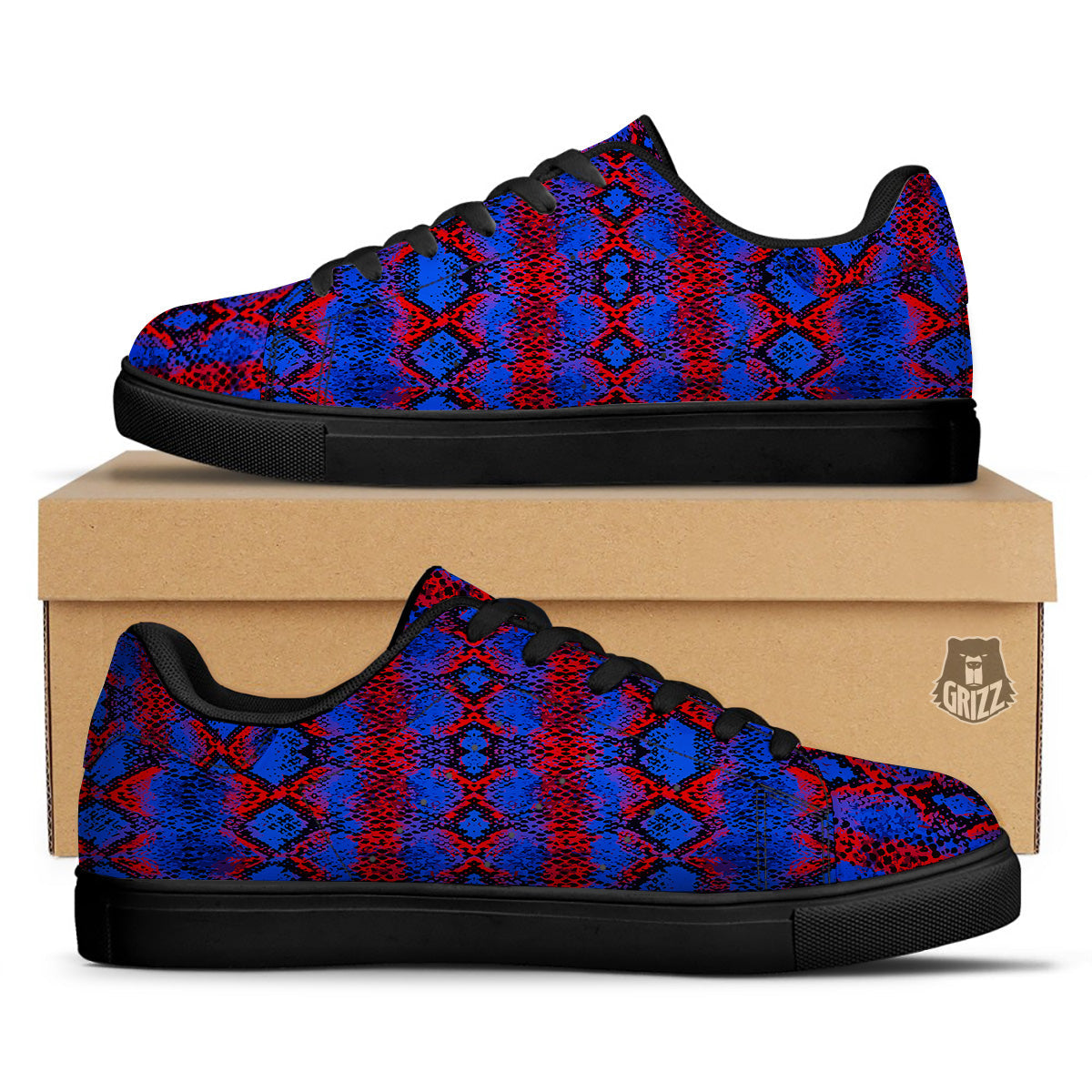 Snakeskin Red And Blue Print Black Low Top Sneakers-grizzshop