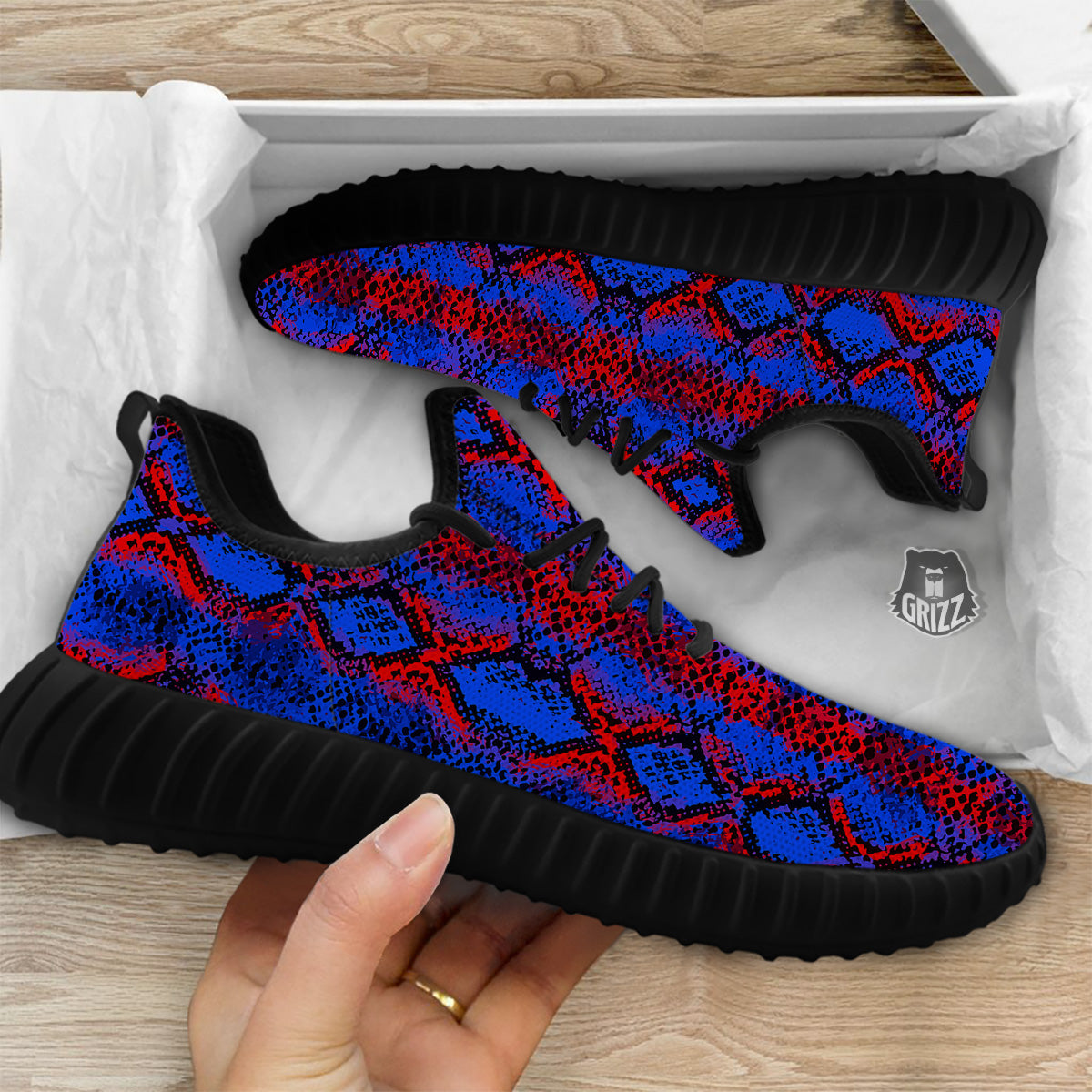 Snakeskin Red And Blue Print Black Walking Shoes-grizzshop