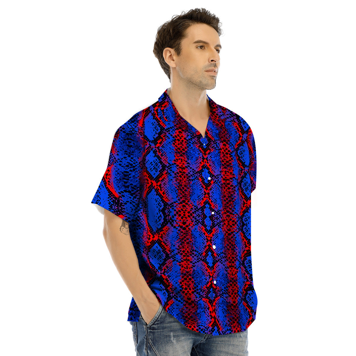 Snakeskin Red And Blue Print Men's Hawaiian Shirt-grizzshop