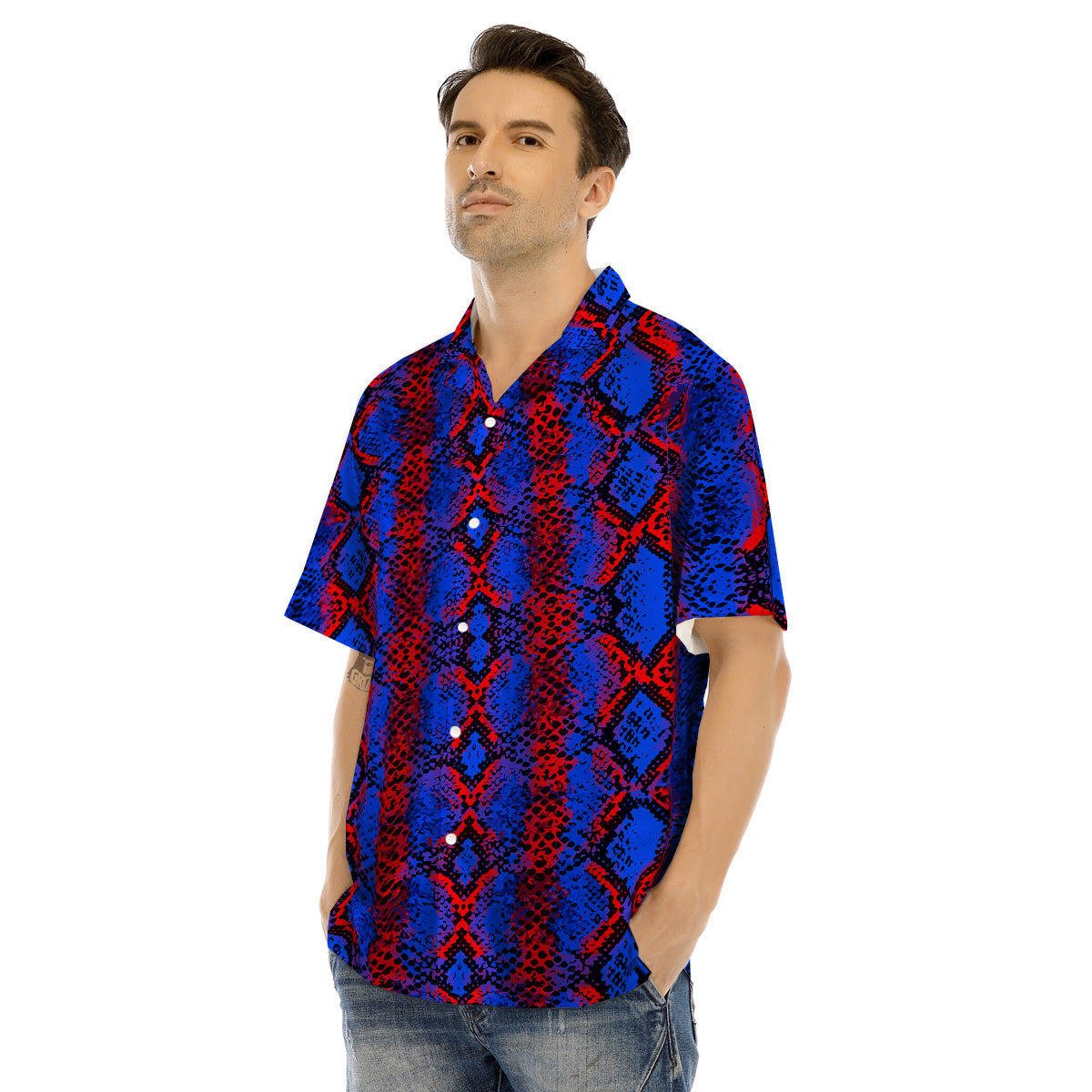 Snakeskin Red And Blue Print Men's Hawaiian Shirt-grizzshop