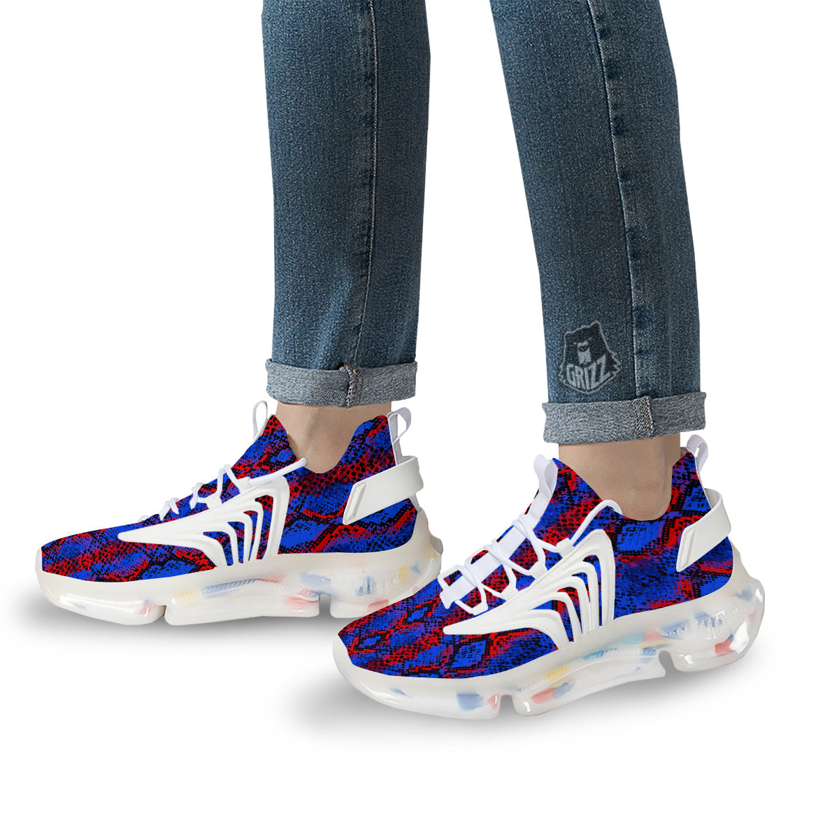Snakeskin Red And Blue Print White Gym Shoes-grizzshop