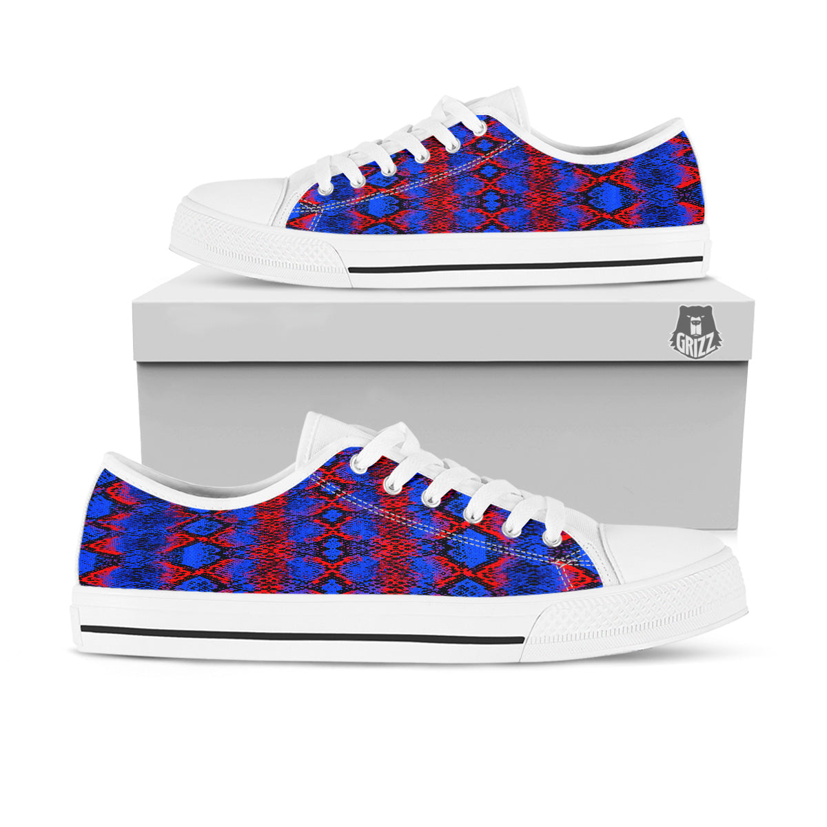 Snakeskin Red And Blue Print White Low Top Shoes-grizzshop