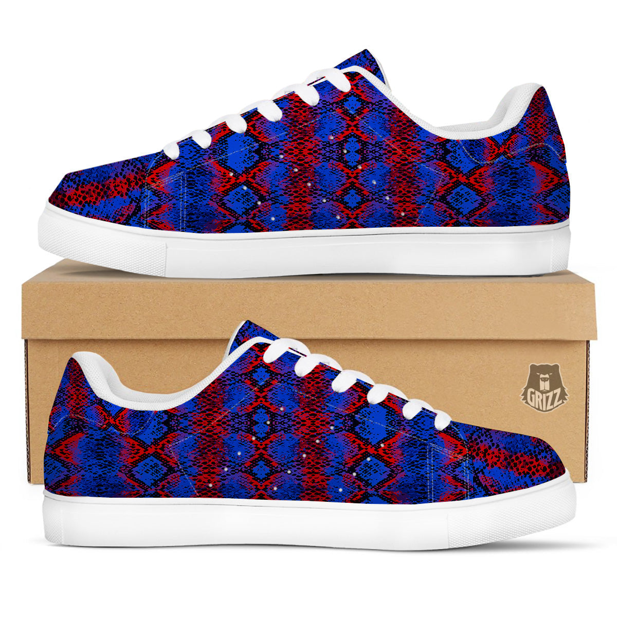 Snakeskin Red And Blue Print White Low Top Sneakers-grizzshop