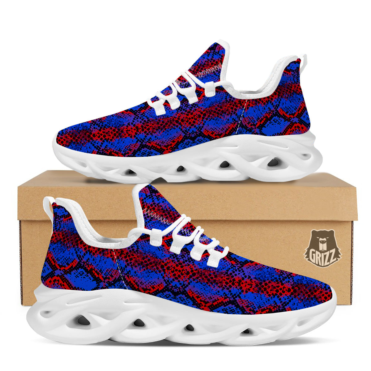 Snakeskin Red And Blue Print White Running Shoes-grizzshop