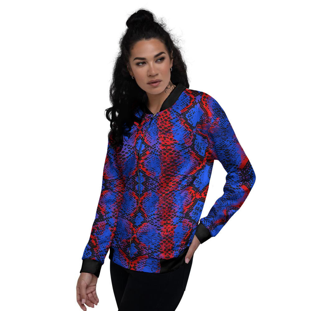 Snakeskin Red And Blue Print Women's Bomber Jacket-grizzshop