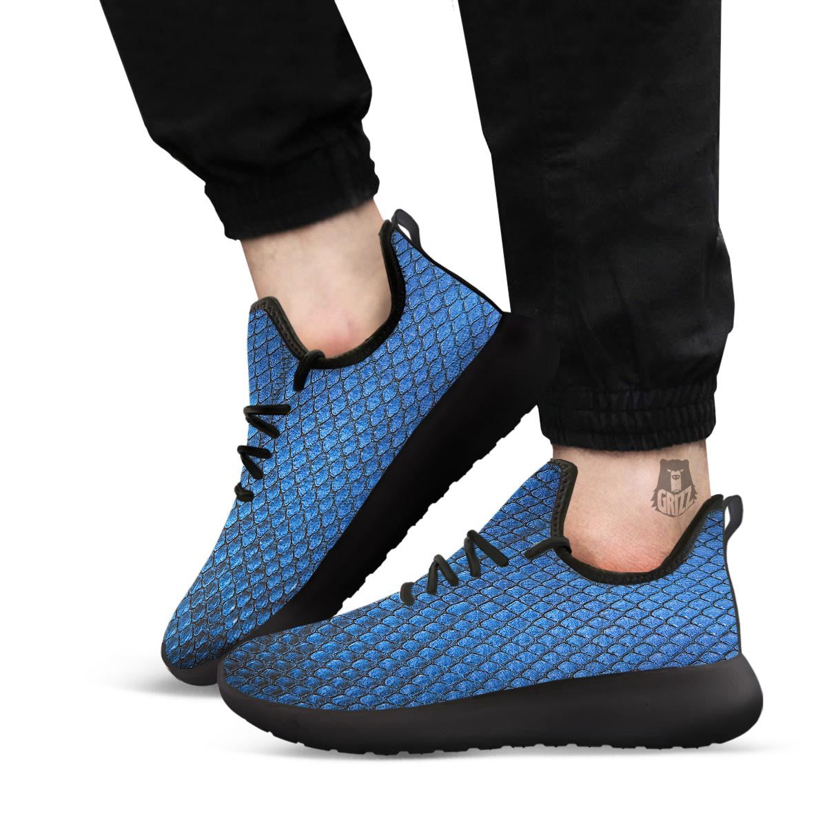 Snakeskin Steel Blue Print Black Athletic Shoes-grizzshop