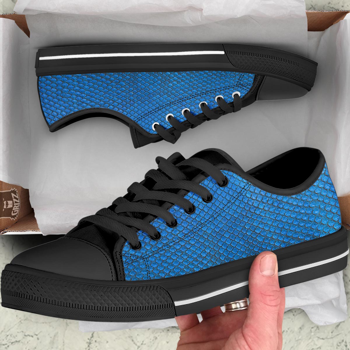 Snakeskin Steel Blue Print Black Low Top Shoes-grizzshop