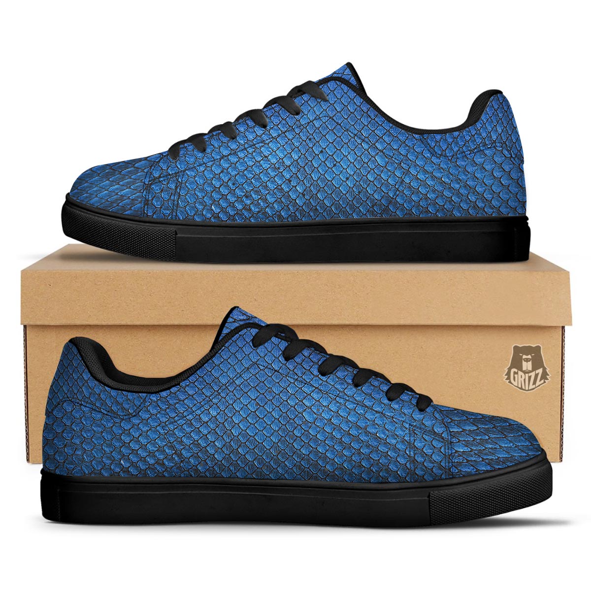 Snakeskin Steel Blue Print Black Low Top Sneakers-grizzshop