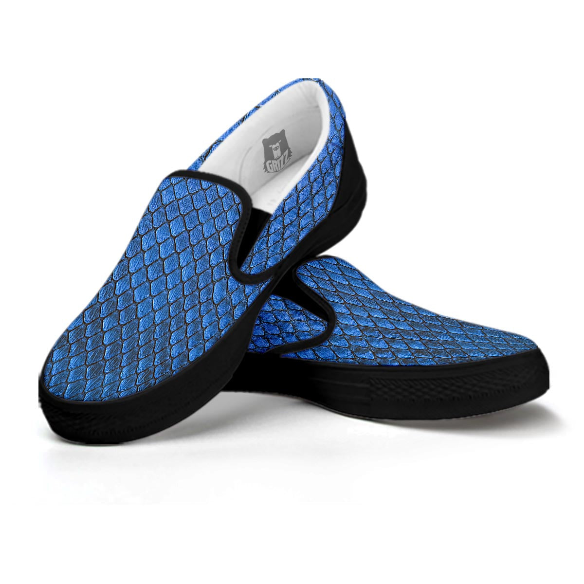 Snakeskin Steel Blue Print Black Slip On Shoes-grizzshop