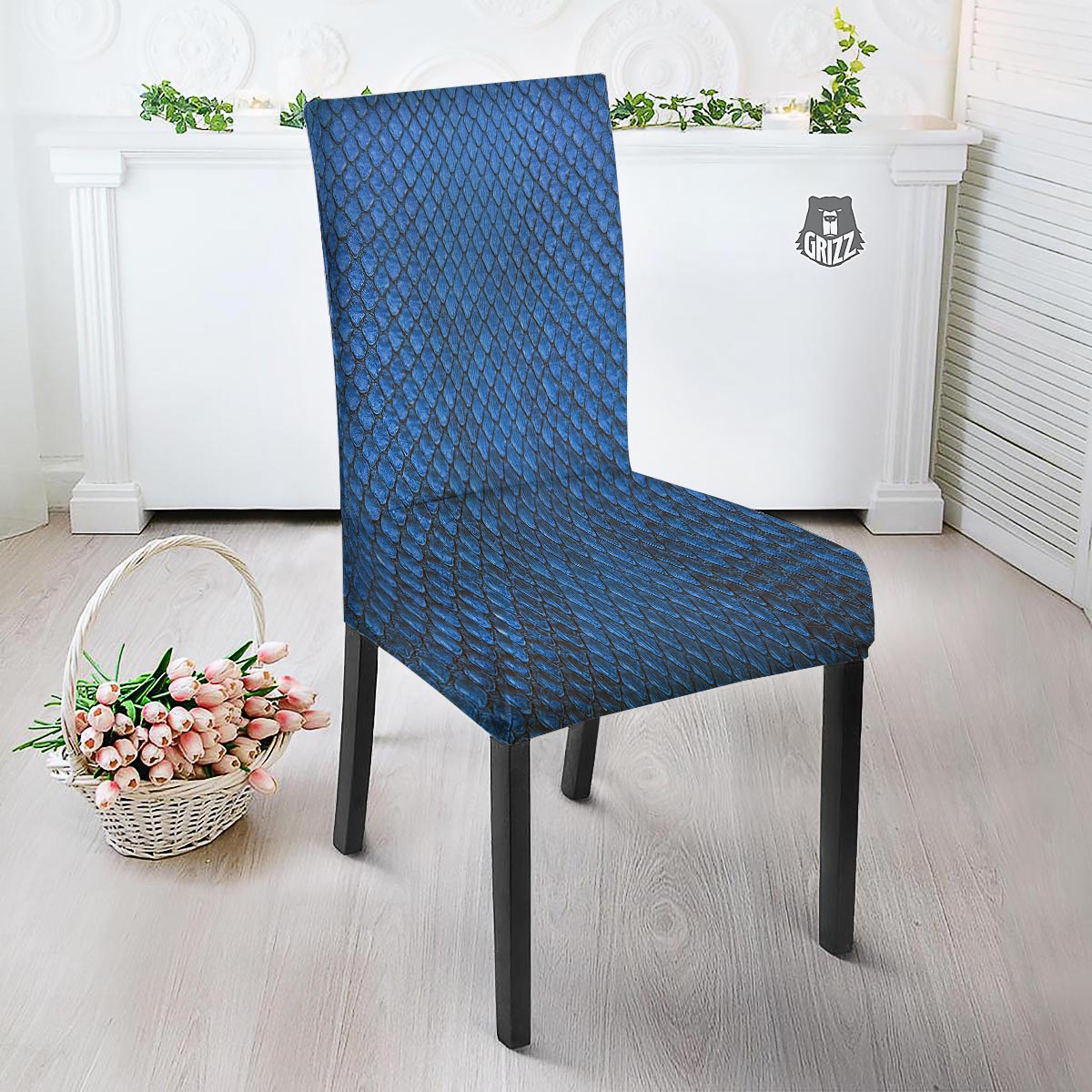 Snakeskin Steel Blue Print Dining Chair Slipcover-grizzshop