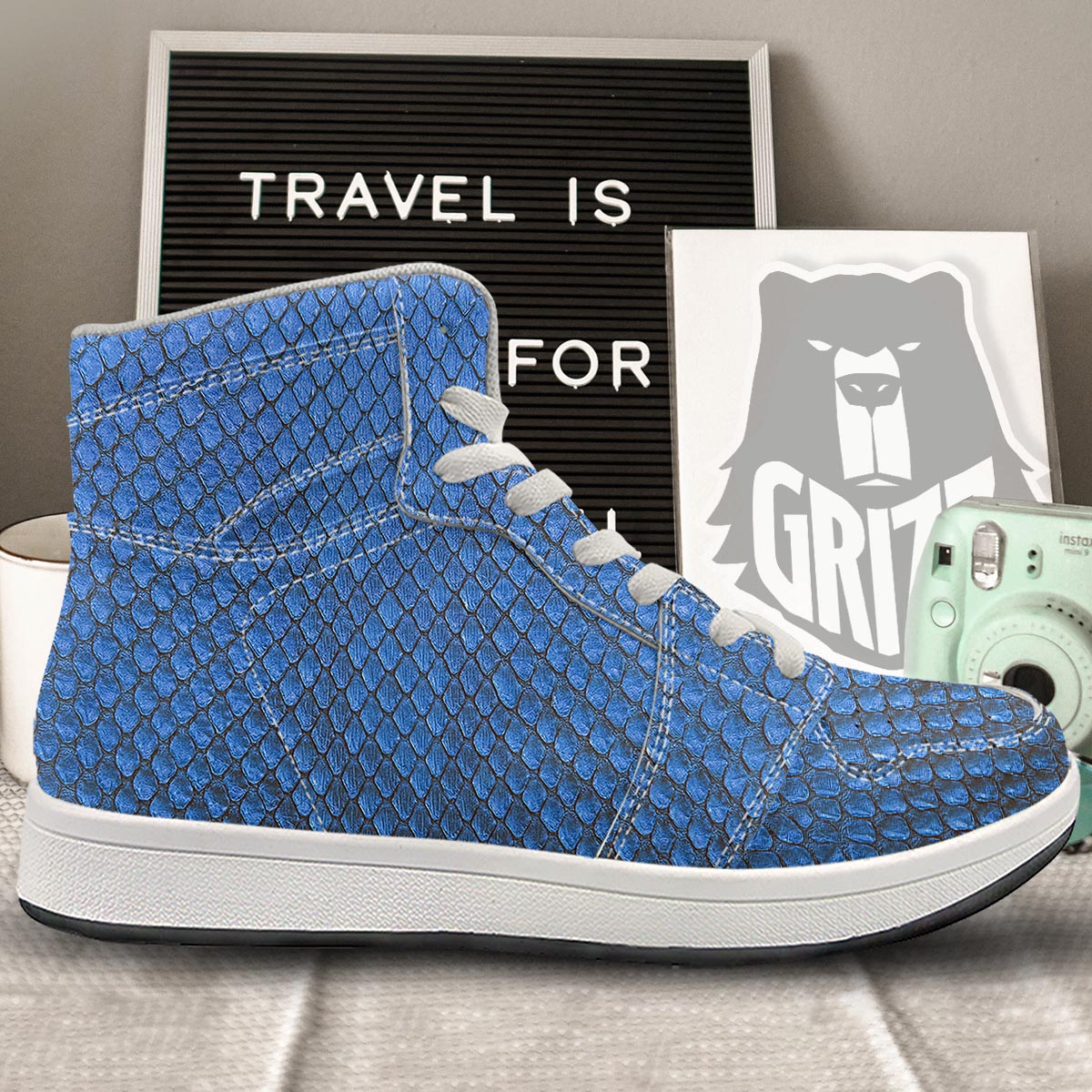 Snakeskin Steel Blue Print High Top Sneakers-grizzshop