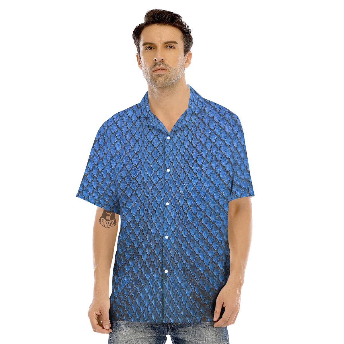 Snakeskin Steel Blue Print Men's Hawaiian Shirt-grizzshop