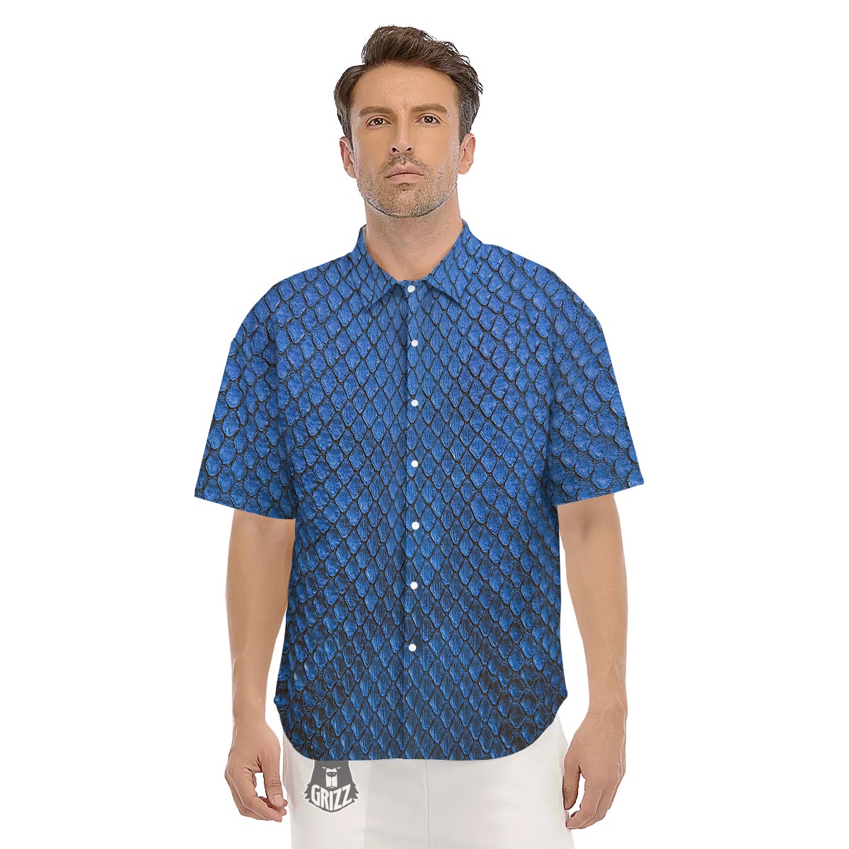 Snakeskin Steel Blue Print Men's Short Sleeve Shirts-grizzshop