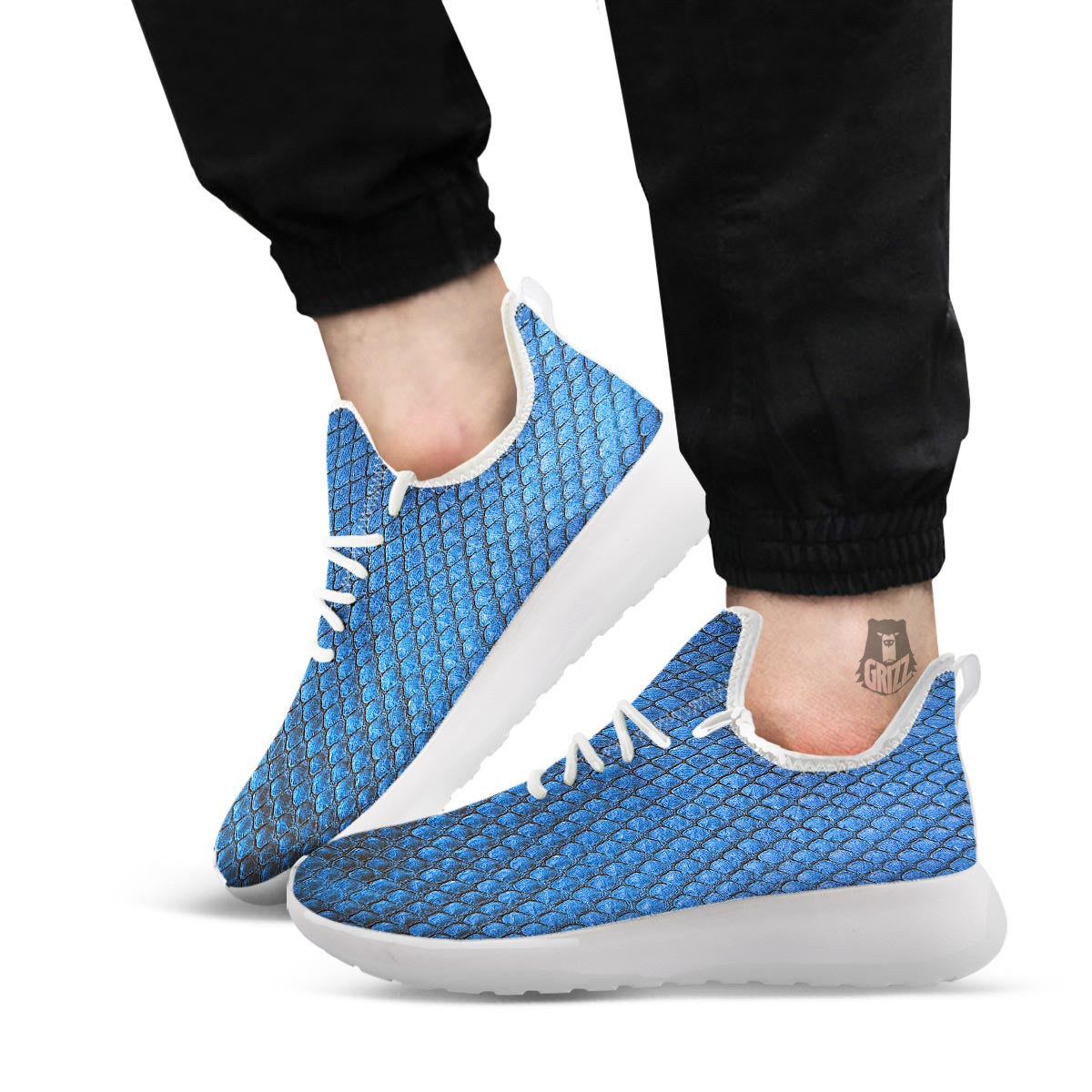 Snakeskin Steel Blue Print White Athletic Shoes-grizzshop